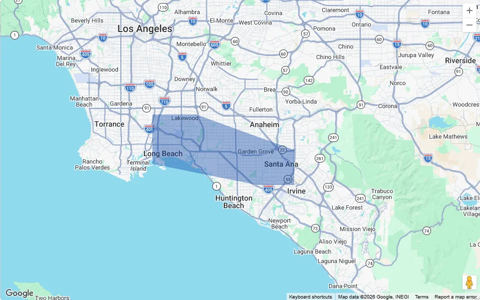 Service area map covering Huntington Beach, Long Beach, Garden Grove and Santa Ana